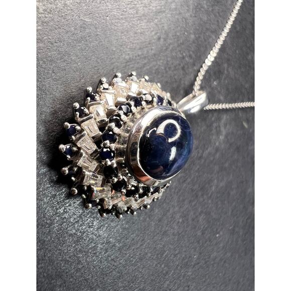 NEW Blue star sapphire and moissanite sterling silver halo pendant necklace - Picture 4 of 14